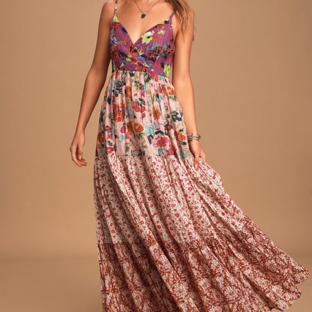 Lulus Boldly Boho Pink Multi Floral Print Tiered Maxi Dress - Size L